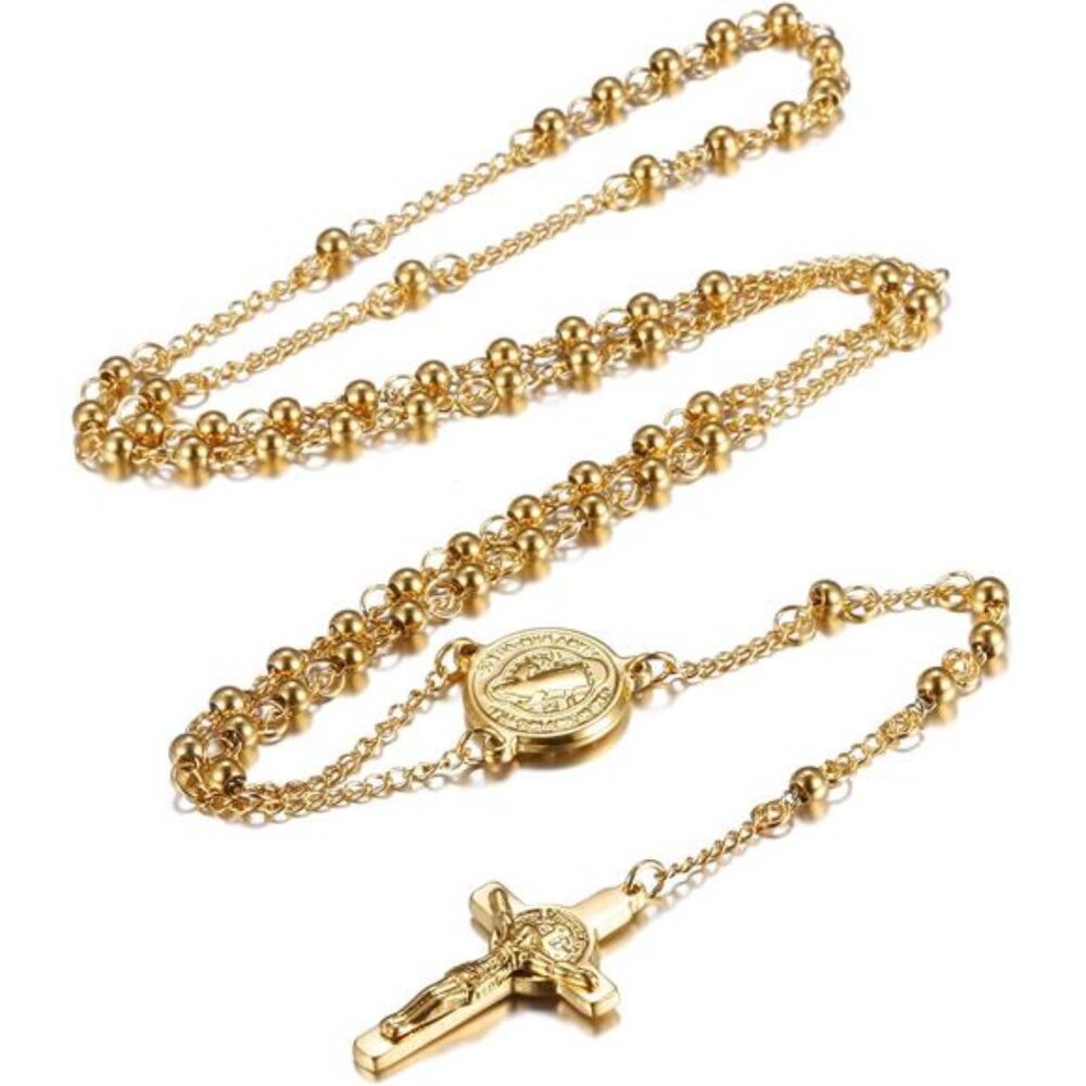 Rosary Beads Cross Necklace for Women Men, Stainless Steel Lords Prayer Long
